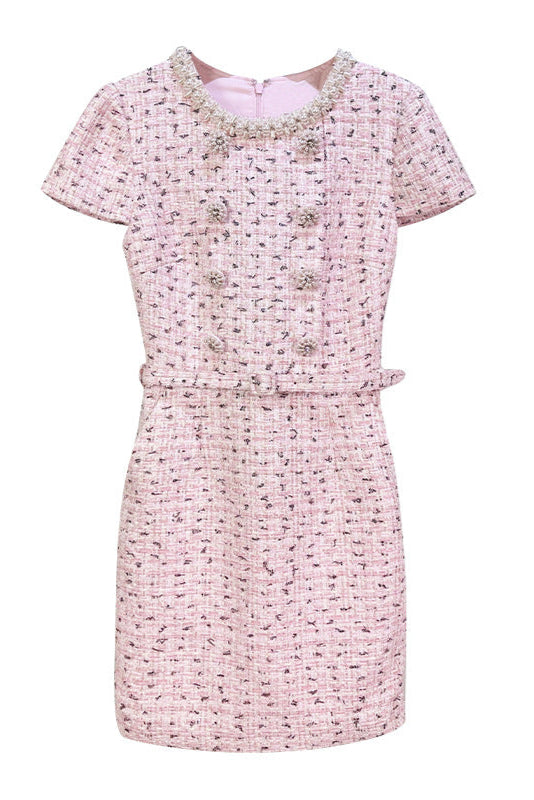 Embellished Boucle Mini Dress in Pink
