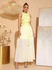 3D Flower Splicing Bandage Mesh Maxi Dress in Yellow
