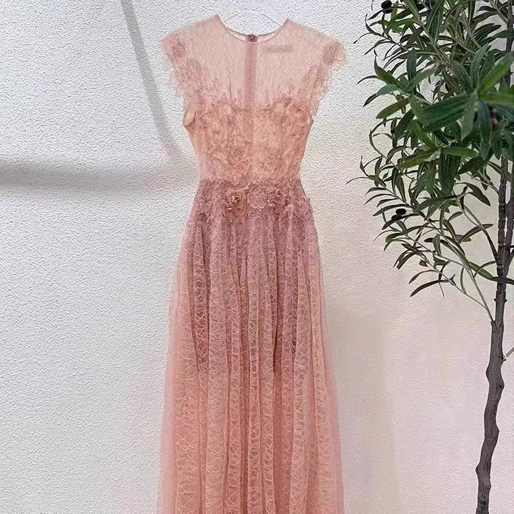 Lace Flower Embellished Maxi Dress in Pink
