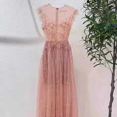 Lace Flower Embellished Maxi Dress in Pink