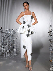 White Bodycon Midi Dress Bandage Elastic Sling with Handmade Flower