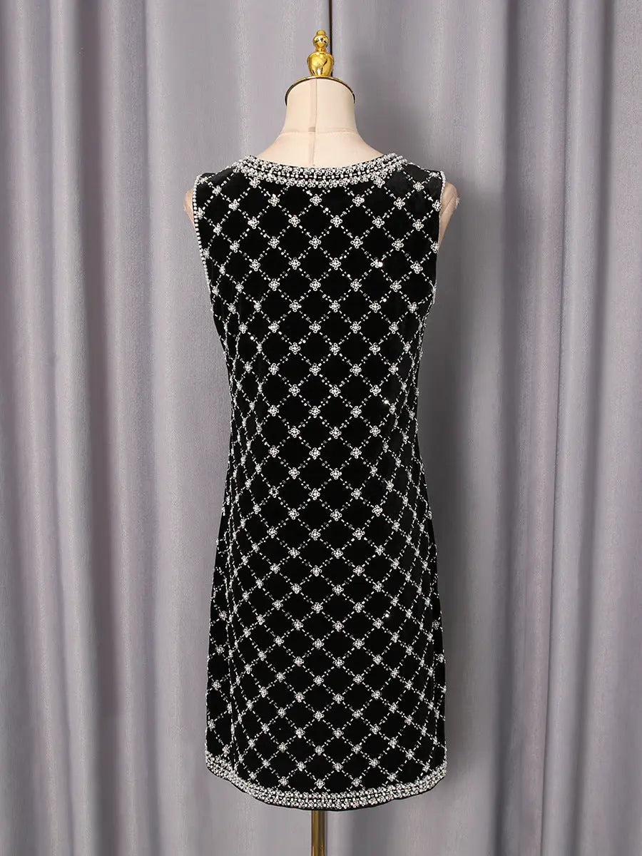 Black-white Plaid Diamond Sleeveless Mini Dress