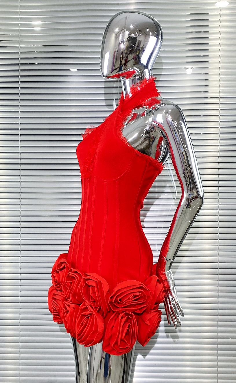 Sequin Halter Neck Flower Bandage Mini Dress in Red