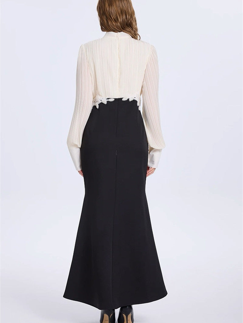 Sleeve Ruched Tie Up Midi Dress - White & Black