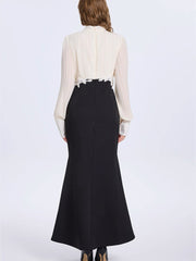 Sleeve Ruched Tie Up Midi Dress - White & Black