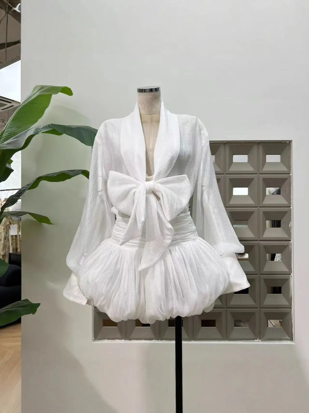 White Tie-Neck Mini Shirt Dress