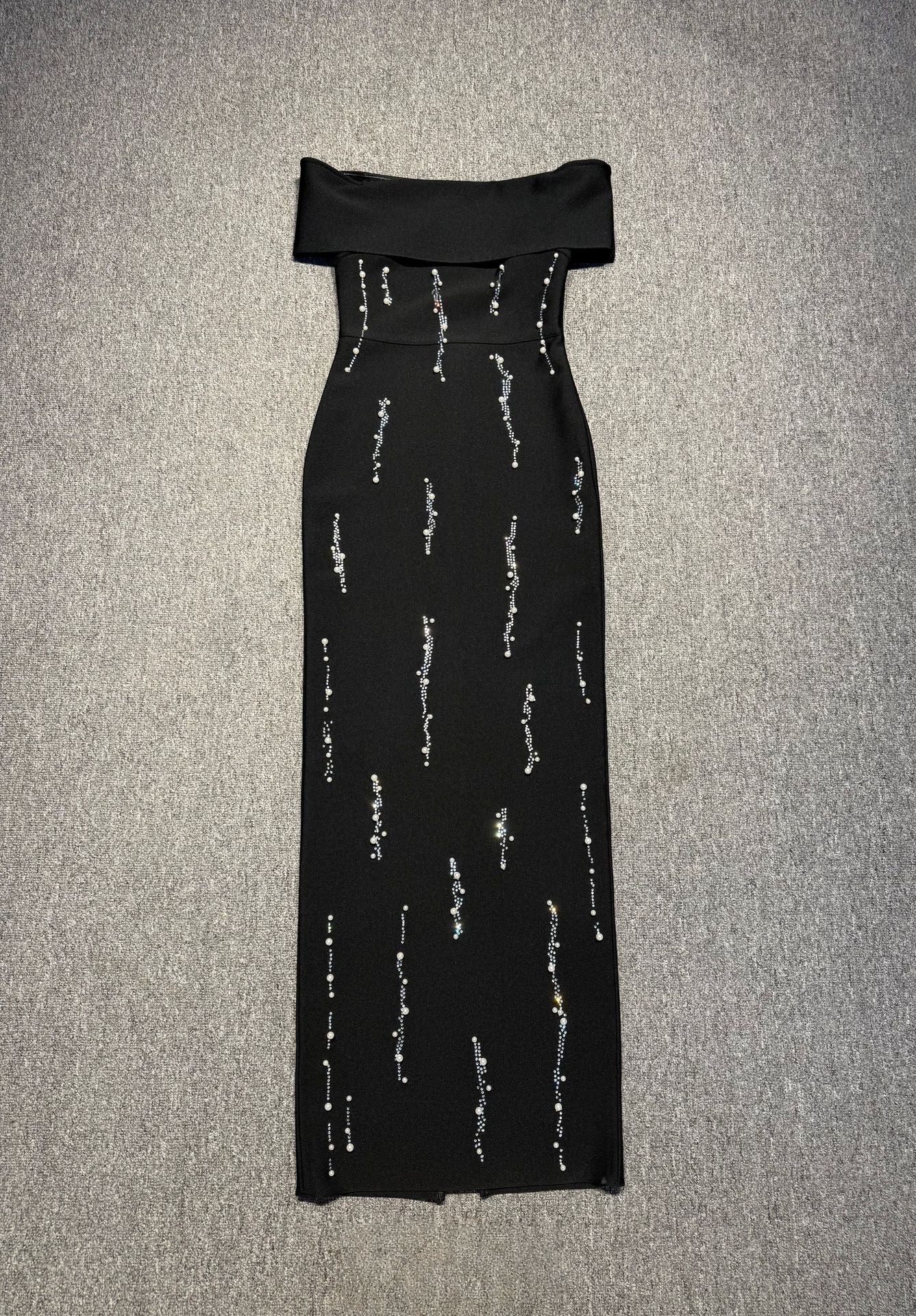 Off-Shoulder Rhinestone Bandage Maxi Dress in Black