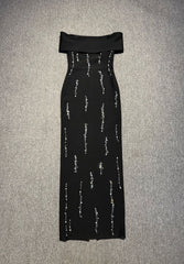 Off-Shoulder Rhinestone Bandage Maxi Dress in Black