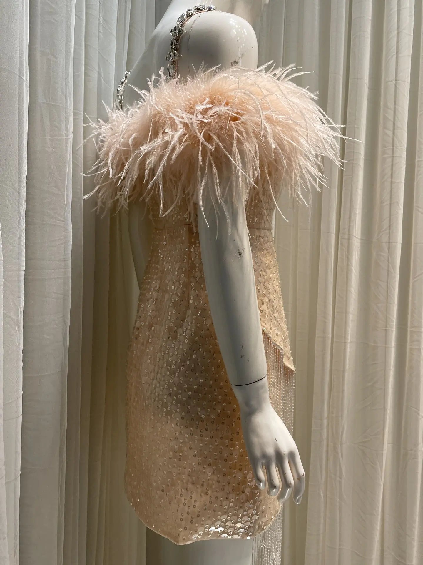 Feather Crystal-Strap Mini Dress in Pink