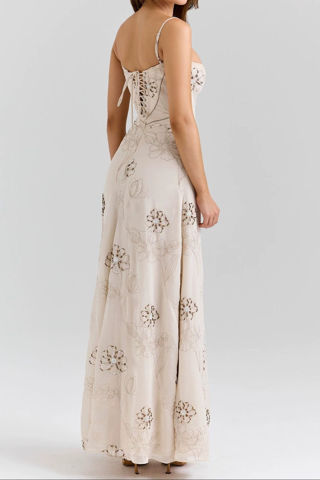 Beige Floral Strap Maxi Dress