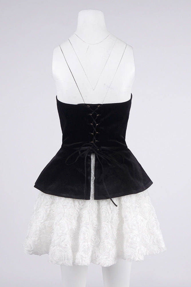 Petal-Layered Top Mini Skirt Suit Without Glove - Black/White