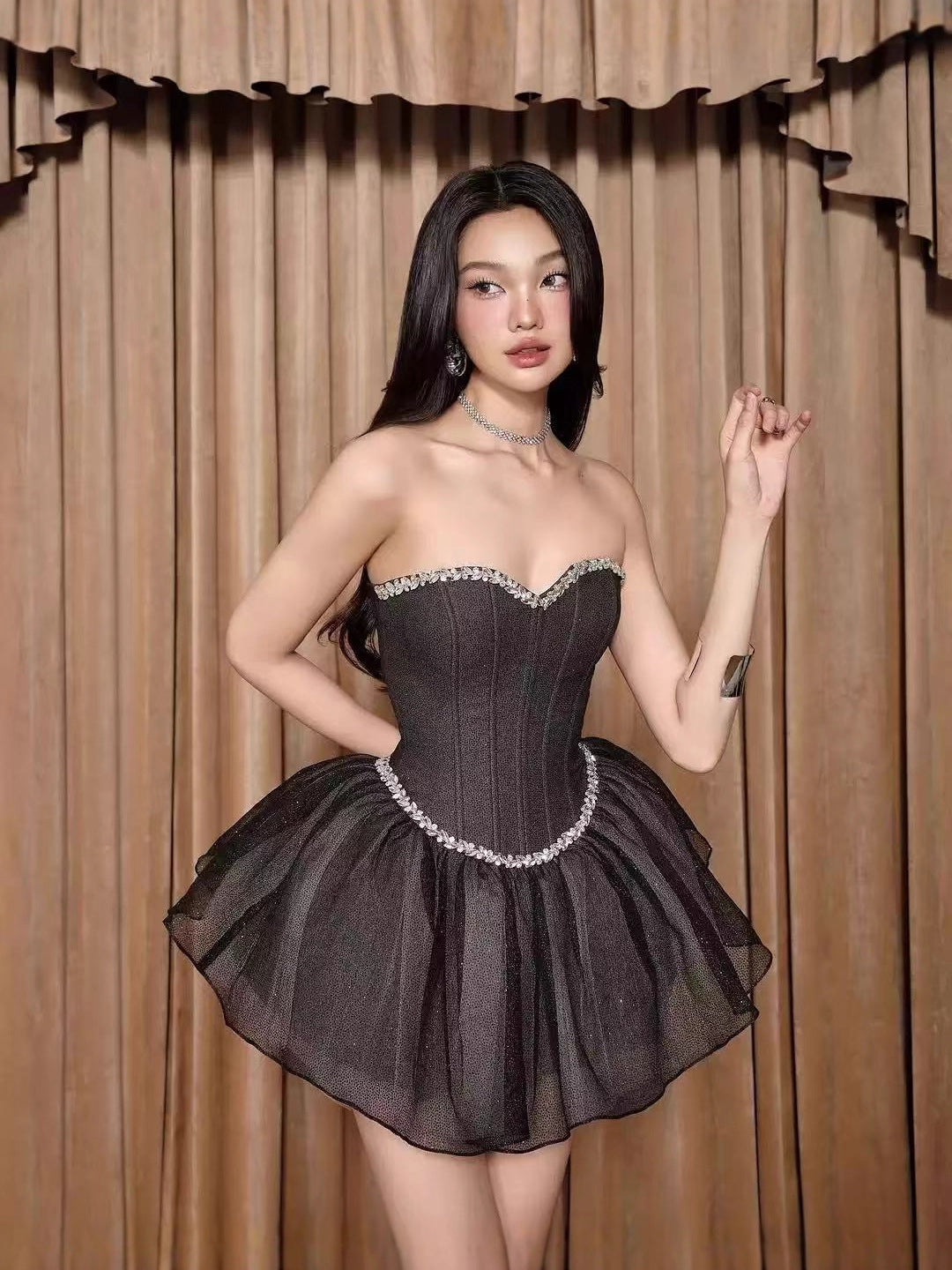 Top Fishbone Mesh Mini Dress in Black