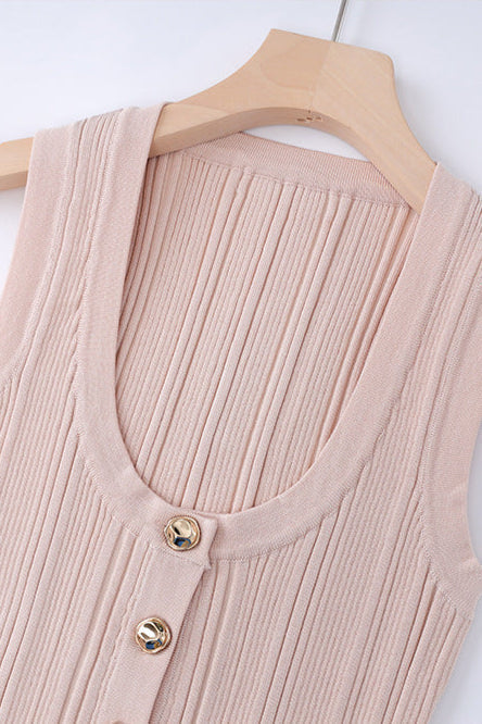 Sleeveless Knitted Dress Top Skirt Set in Apricot