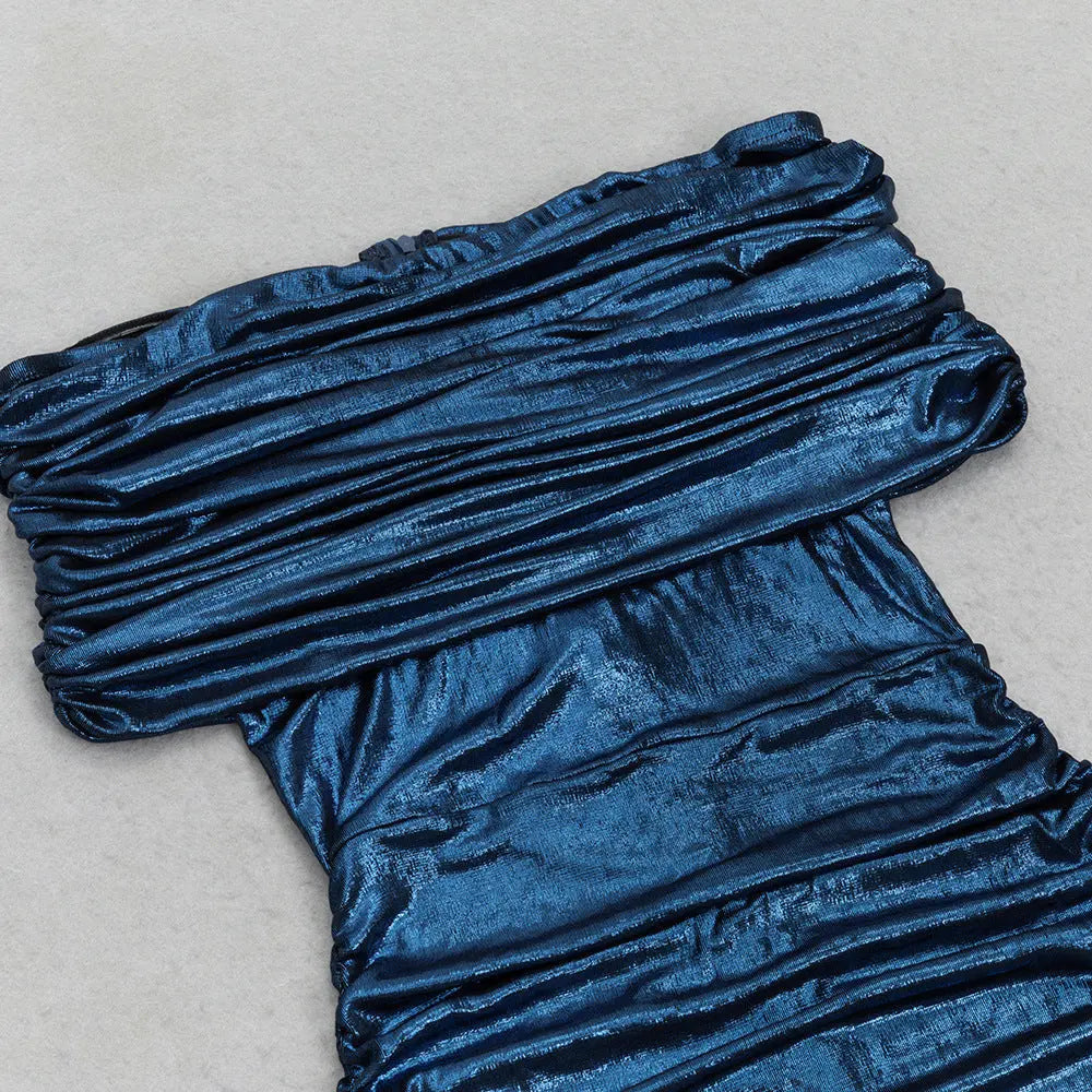 Dark Blue Contour Off Shoulder Ruched Maxi Dress
