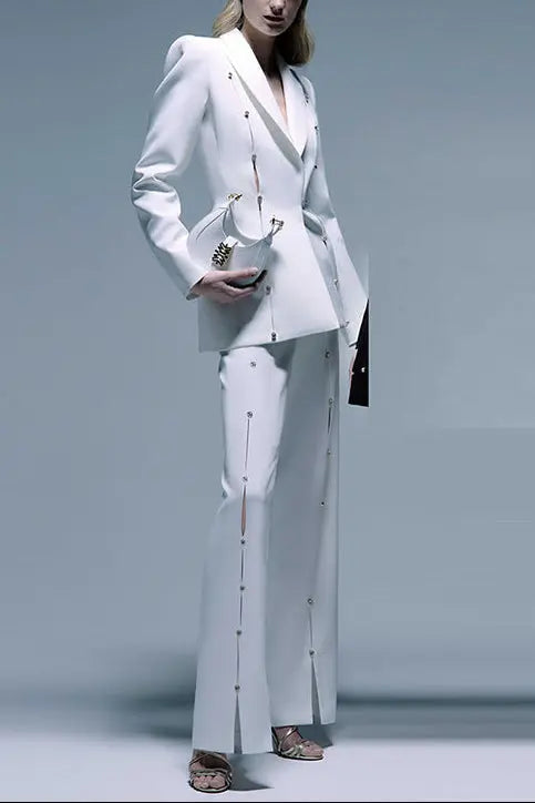 Diamond Hollow Out Blazer Set in White
