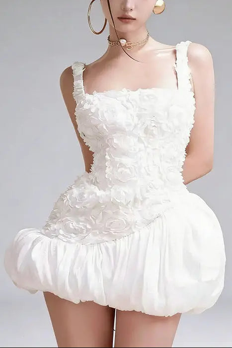 Flower Embellished Puffy Mini Dress in White