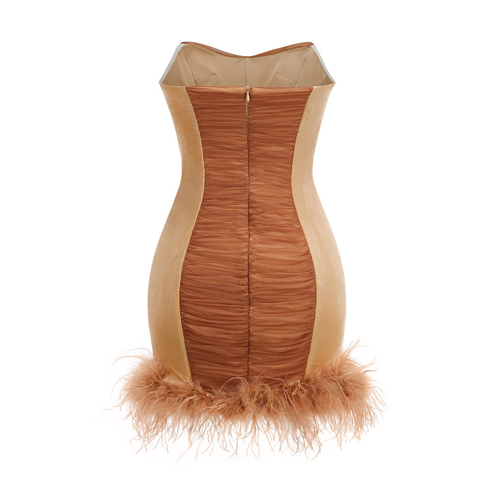 Rhinestone Embellished Feather Mini Dress in Brown
