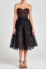 Black Sexy Embroidered Lace Midi Dress