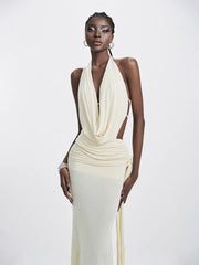 Ruched Halter Bodycon Maxi Dress in White