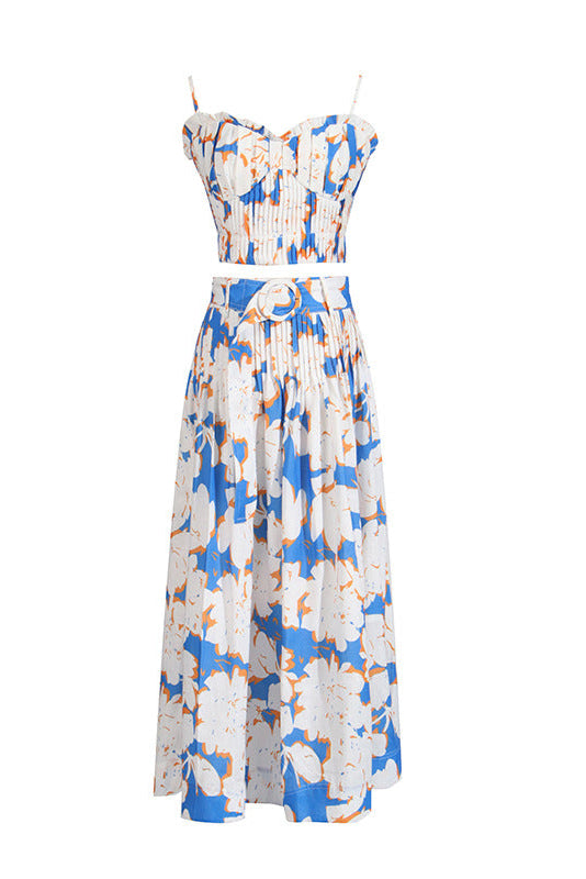 Floral-Print Linen Bustier Top Skirt Set in Blue