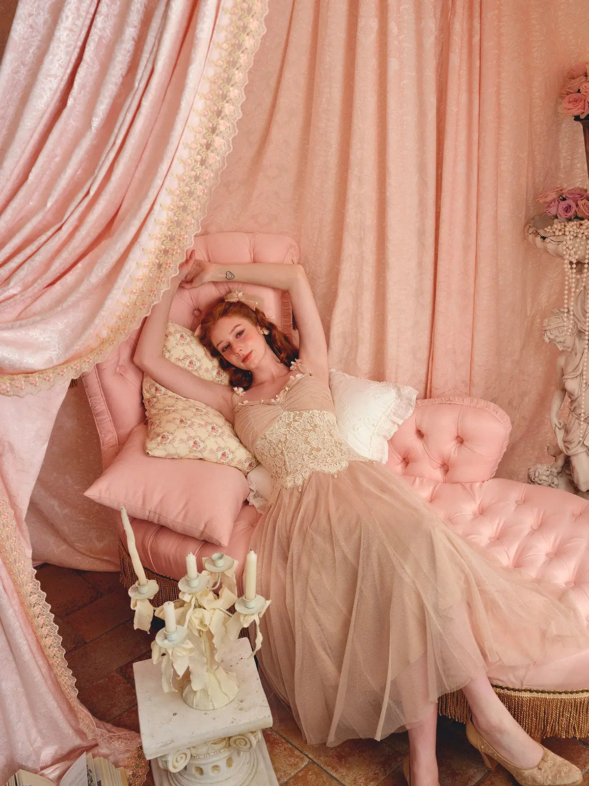 Sequin Lace Mesh Flower Detail Maxi Dress in Cream Pink
