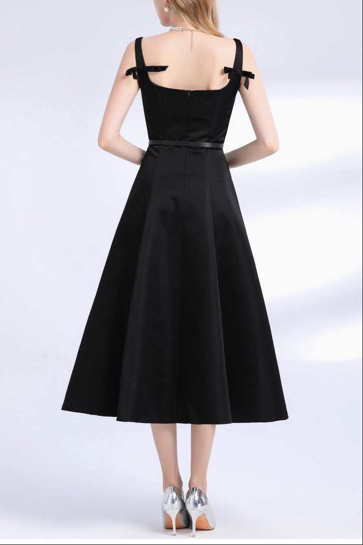 Square Neck Satin Slip Midi Dress - Black