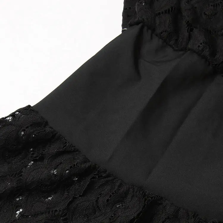 Long Sleeves Layered Lace Mini Dress in black