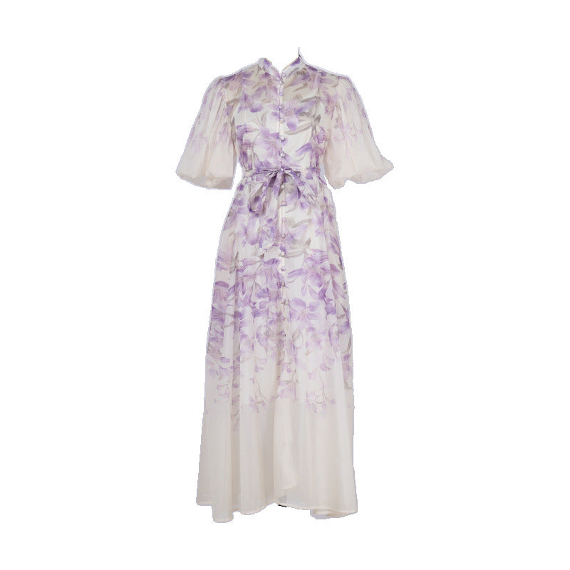 Pink Floral Print Mandarin Collar Maxi Dress