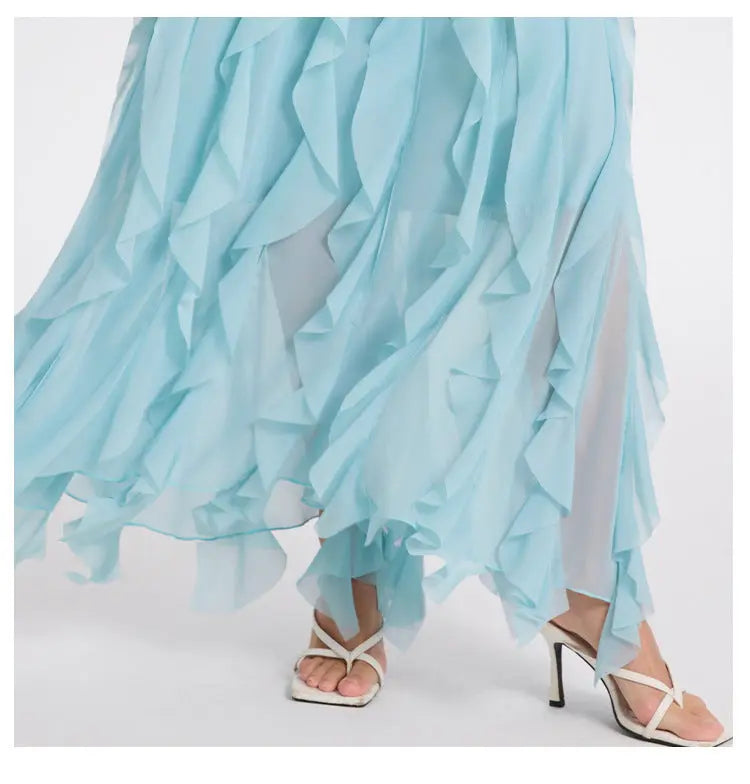 Blue Neck Ruffle Maxi Dress