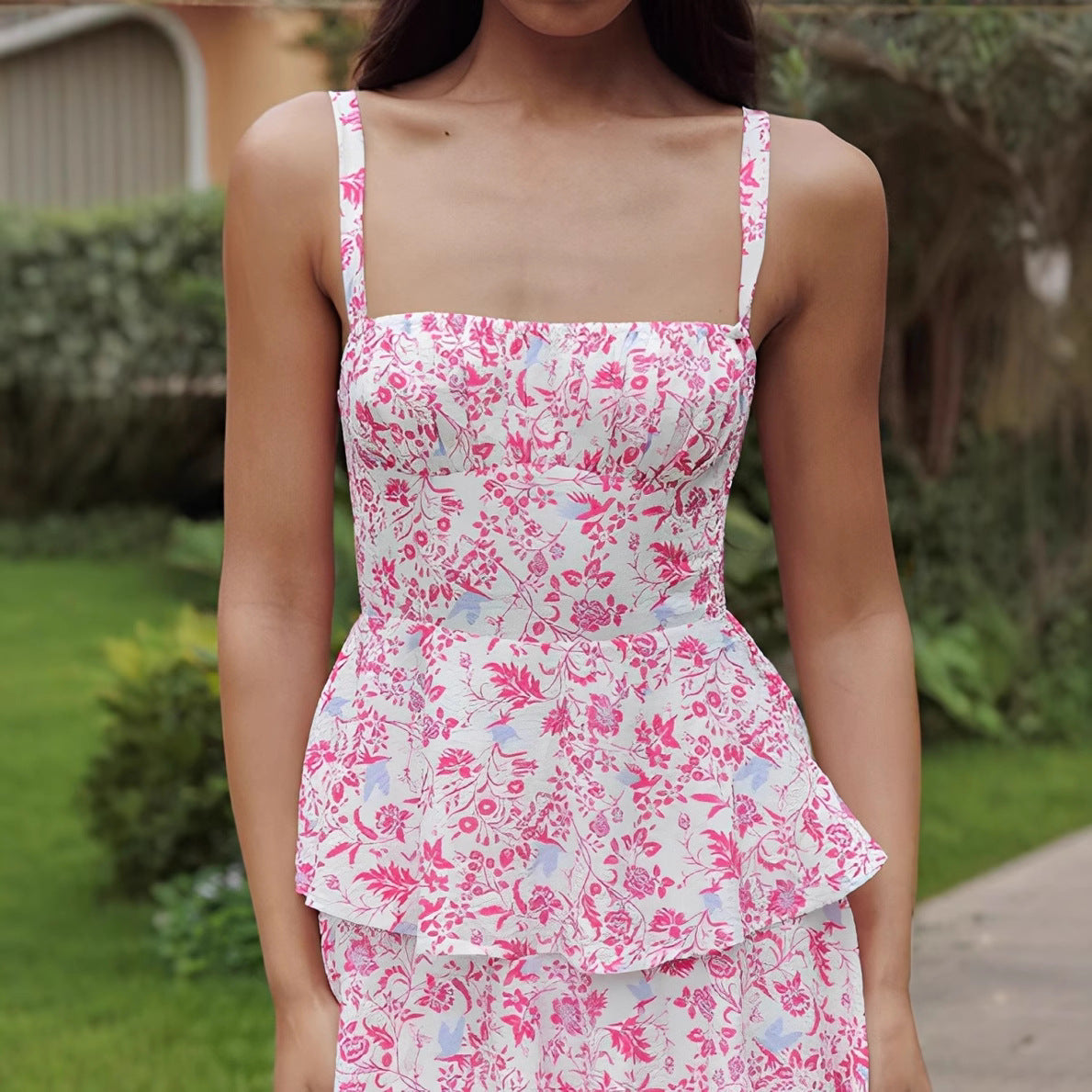 Floral Print Layered Strappy Maxi Dress in Pink