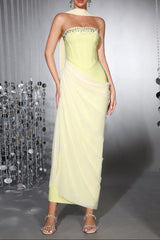 Rhinestone Patchwork Herringbone Maxi Dress - Yellow