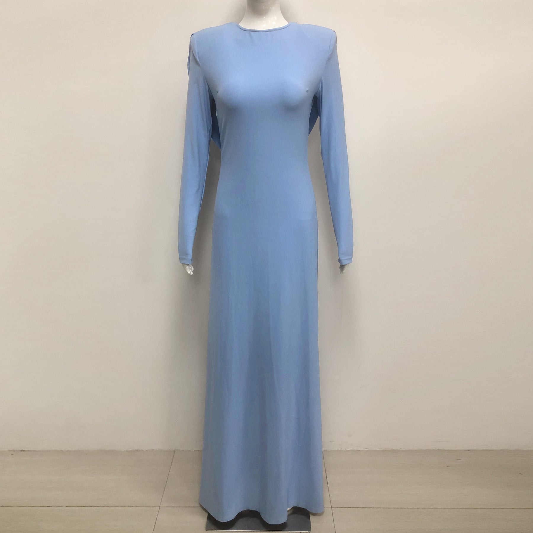 Knitted Long Sleeves Backless Bodycon Maxi Dress in Blue