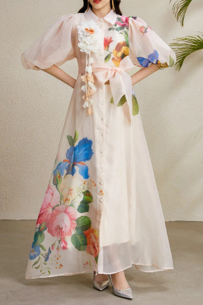 Single-Breasted Floral Printed Puff Sleeve Maxi Dress in Apricot