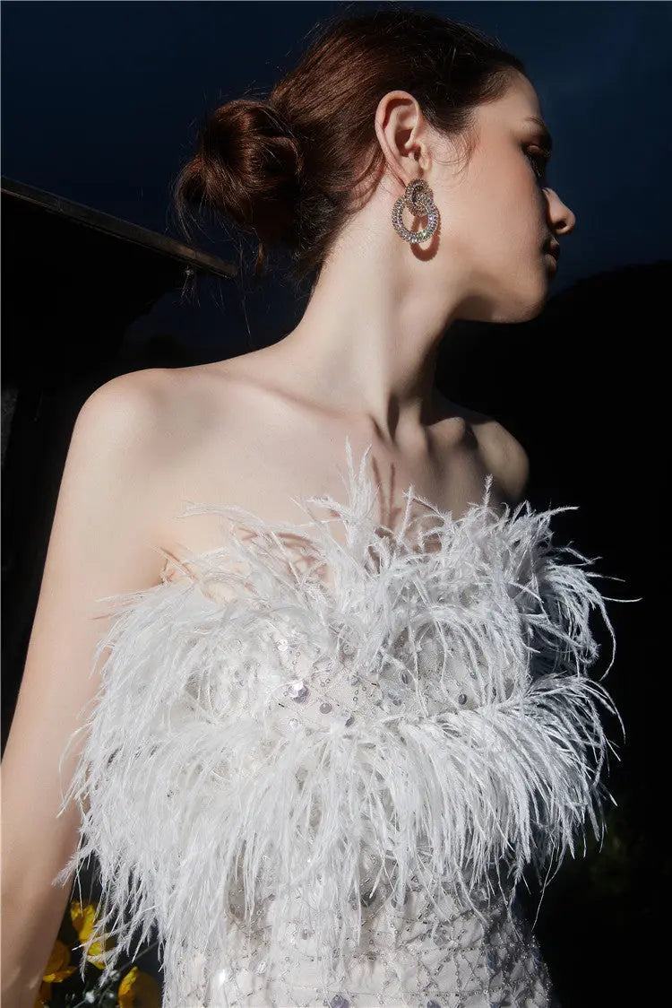 White Haute Couture Feather Sequin Dress