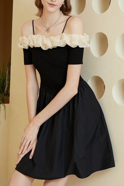 Off-Shoulder Ruffle Trim Mini Dress in Black