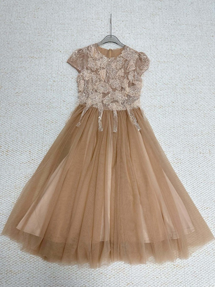 Sequin Lace Patchwork Mesh Maxi Dress in Brown