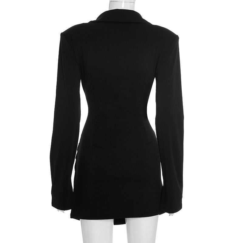 V-Neck Ruched Blazer Mini Dress in Black