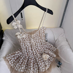 Lace-Trim Floral-Decorated Slip Mini Dress in Apricot
