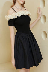 Off-Shoulder Ruffle Trim Mini Dress in Black