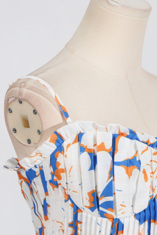 Floral-Print Linen Bustier Top Skirt Set in Blue