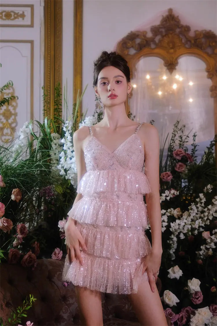 Pink Sleeveless Sequin Ruffle Short Dinner Dress