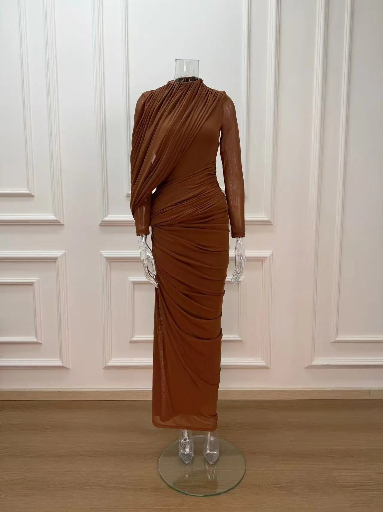 High Neck Drape Ruched Maxi Dress in Brown