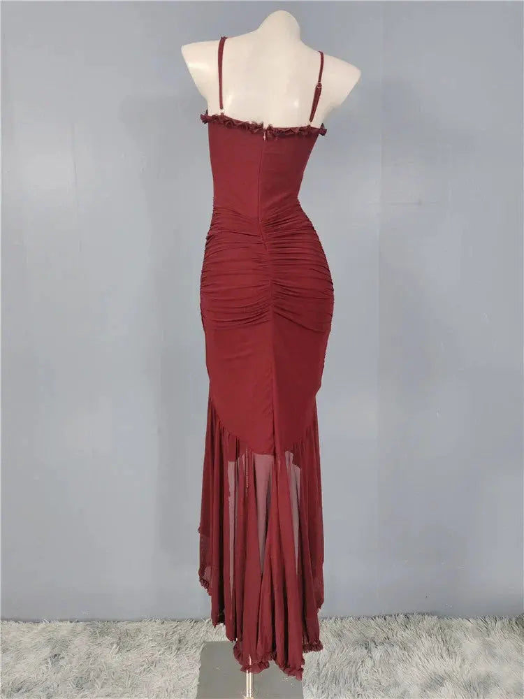 Mesh Ruffle Waist Maxi Dress