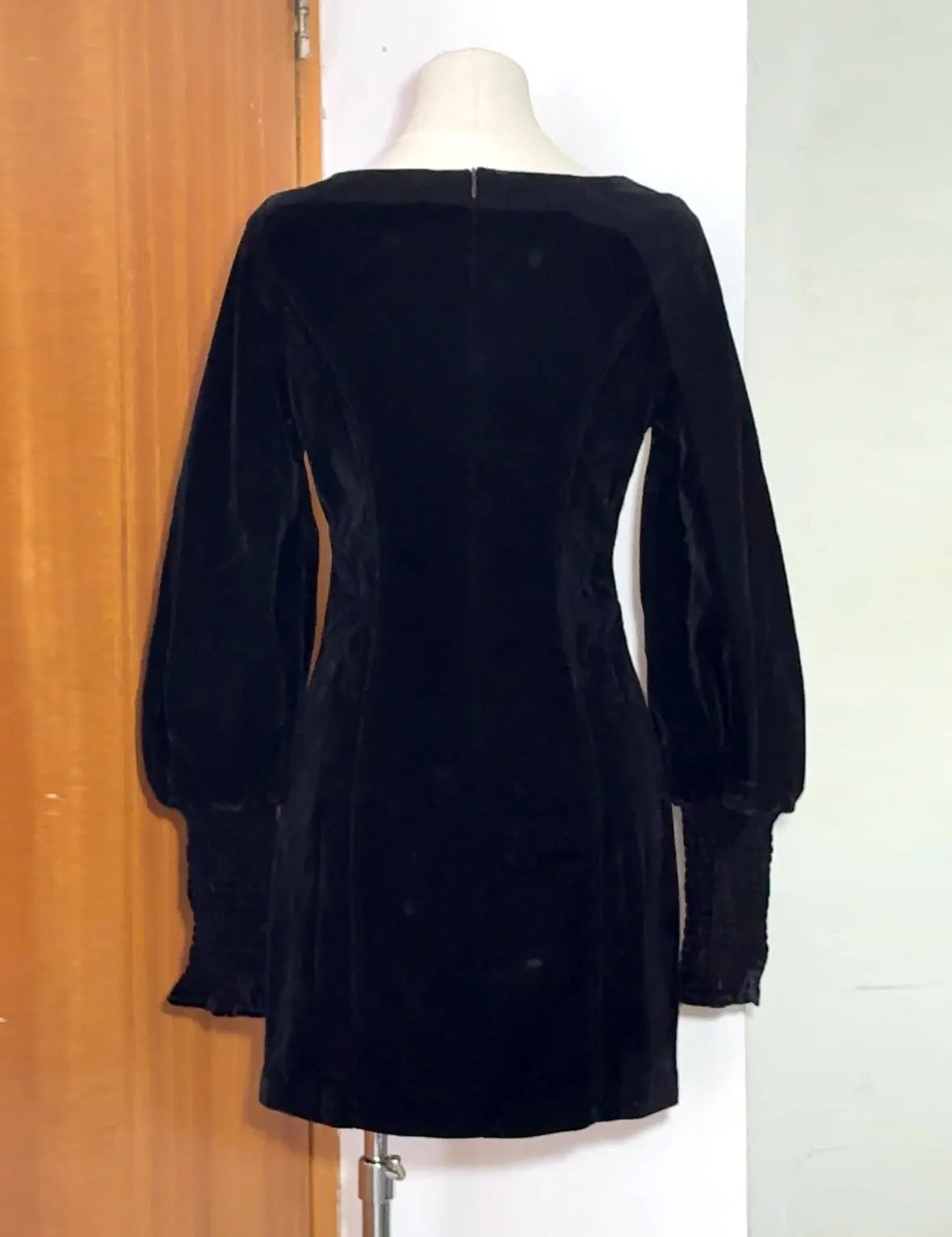Cinched Waist Square Neck Long Sleeve Mini Dress in black