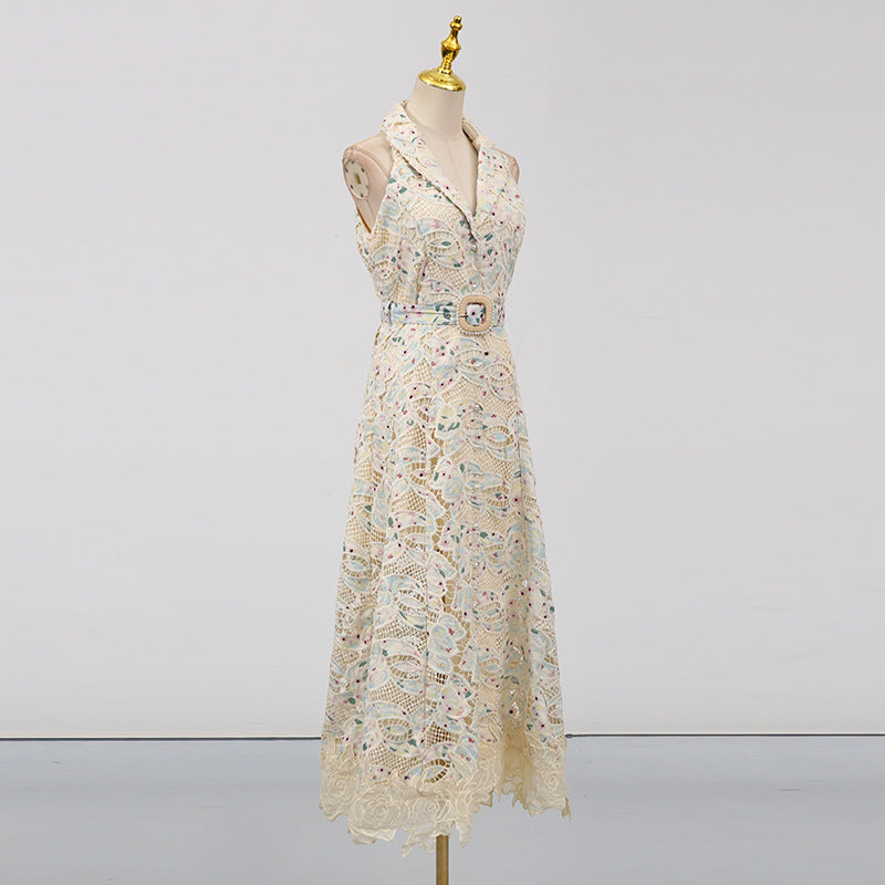 Sleeveless Hollow Lace Maxi Dress in Beige