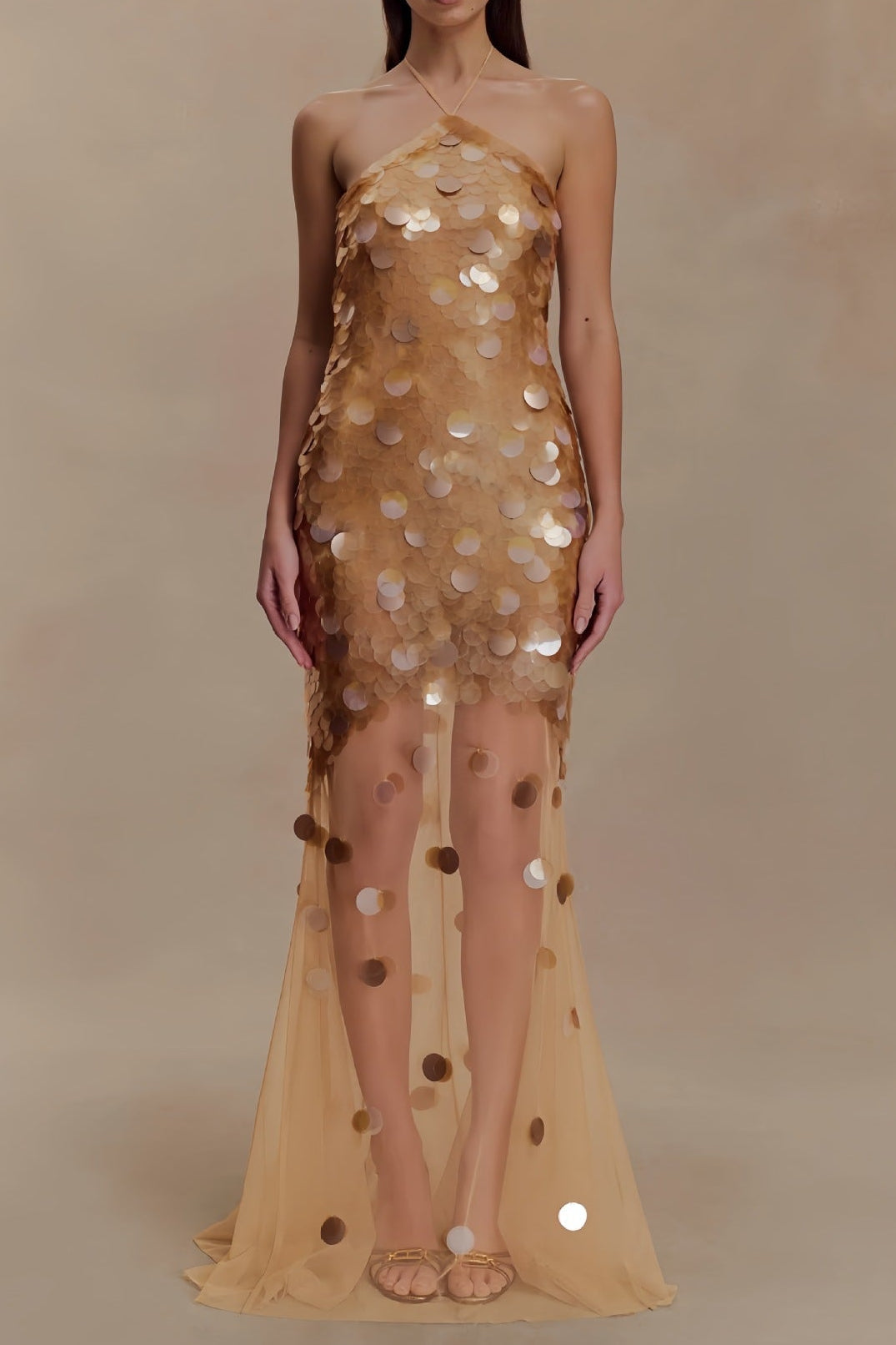 Sequin Embellished Backless Maxi Dress - Gold