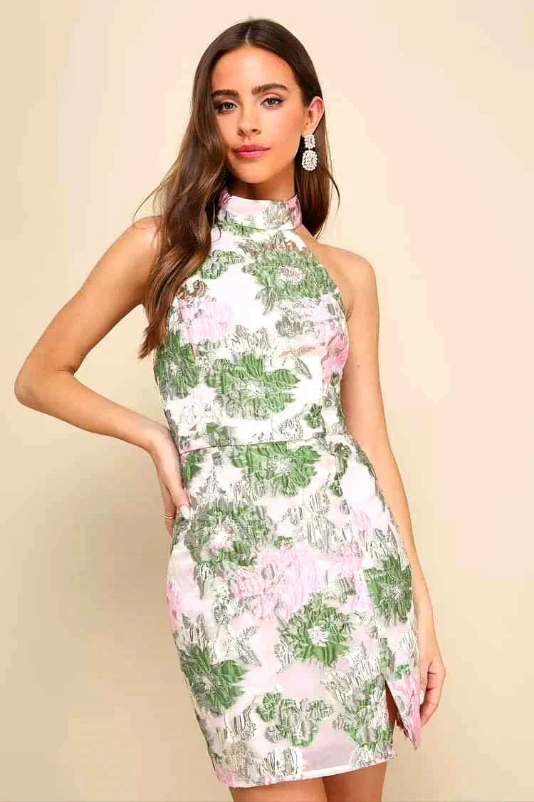 Pink Green Floral Open Back Mini Dress