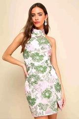 Pink Green Floral Open Back Mini Dress