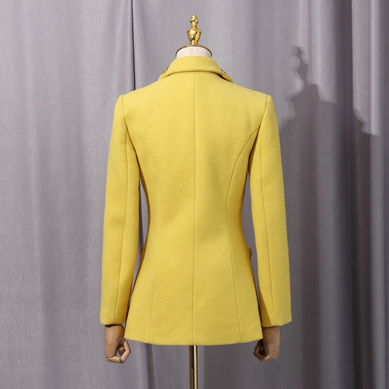 Wool Fitted Single-Breasted Blazer in Yellow