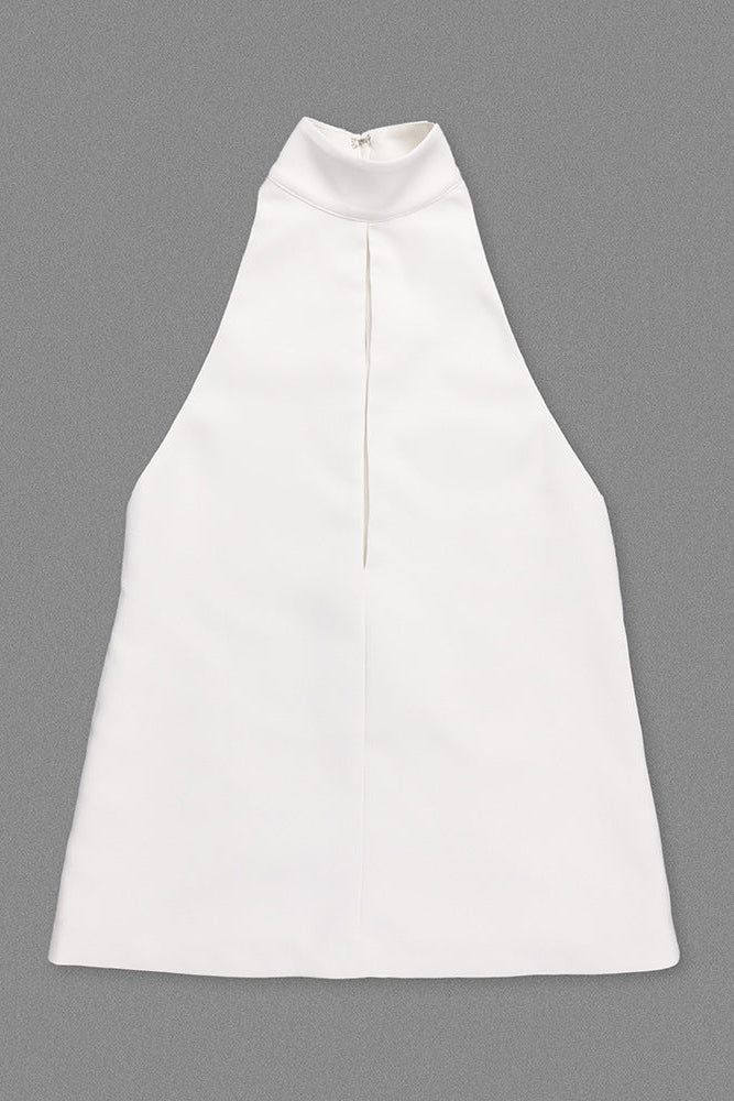 V-Neck Cutout Backless Crepe Halter Dress - White